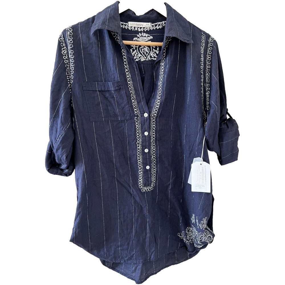 New Red Sail Sports Luxury Beach Coverup XS/S Navy Embroidered Boho Chambray Top